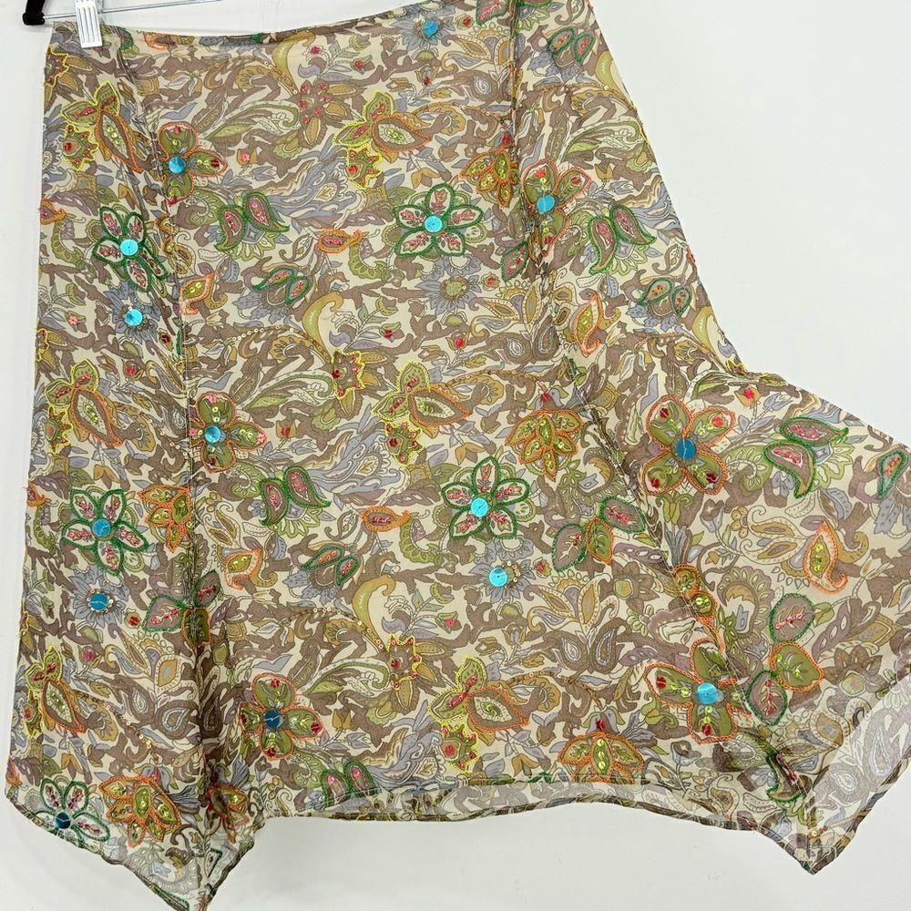 Strenesse Blue Brown Colorful Sequin Embroidered 100% Silk Paisley Floral Skirt - Picture 3 of 16